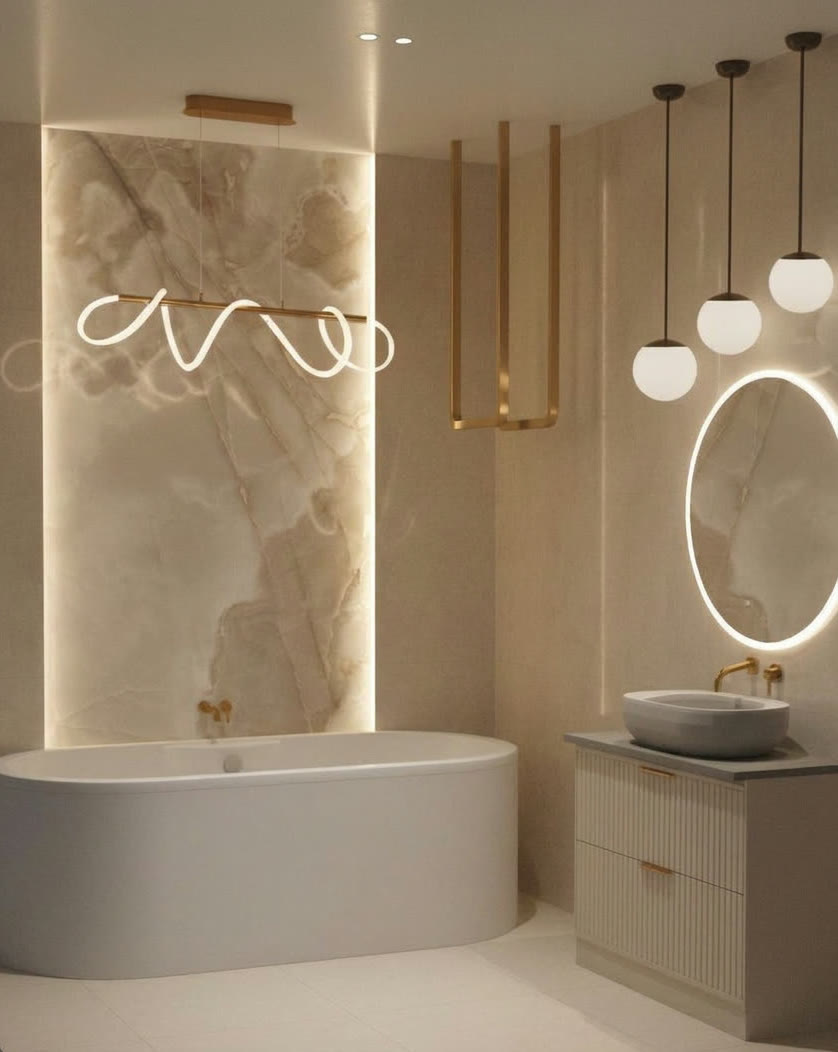 Łazienka z podświetlaną ścianą z onyksu, wizualizacja WIZJA Interior Design Studio